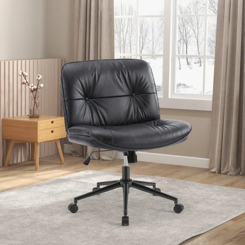 JHK PU Leather Cross Legged Office Chair with Wheels Armless Desk Chair Height Adjustable Swivel Wide Seating for Home Bedroom