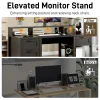 Farmhouse Computer Desk with 4 File Drawer & Power Outlet & Led Lights, 59" Wood Home Office Desk with Long Monitor Stand