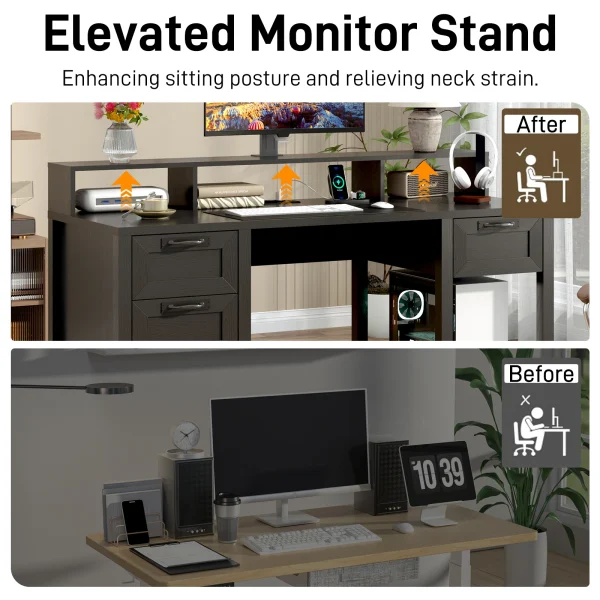 Farmhouse Computer Desk with 4 File Drawer & Power Outlet & Led Lights, 59" Wood Home Office Desk with Long Monitor Stand