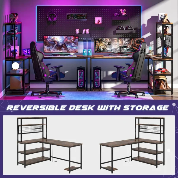 55" L-Shape Computer Desk with Hutch and Wireless Charging, Office Desk Study Table Writing Desk Workstation with 5 Shelves