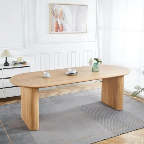 Extendable Dining Table for 6-10 Person, 59"-90" Oval Transformer Kitchen Table with Wood Strip Base, Modern Space-Saving