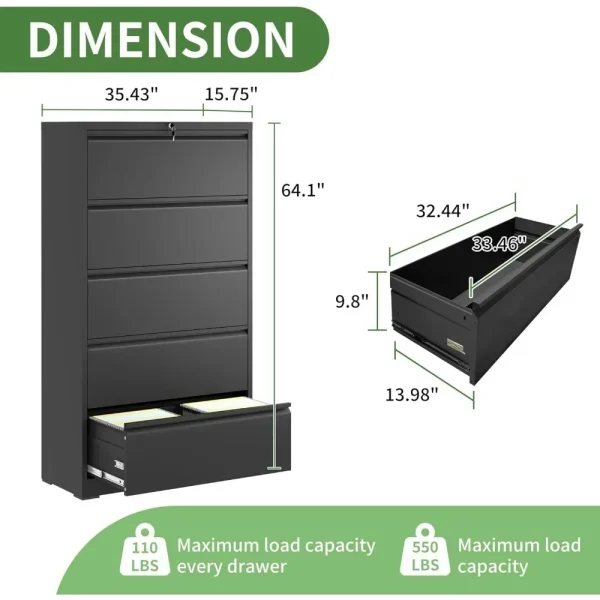 Lateral File Cabinet with Lock, Home Office Storage Cabinet for Hanging Files 5 Drawers-64.09''H,5 Drawer Metal Filing Cabinets