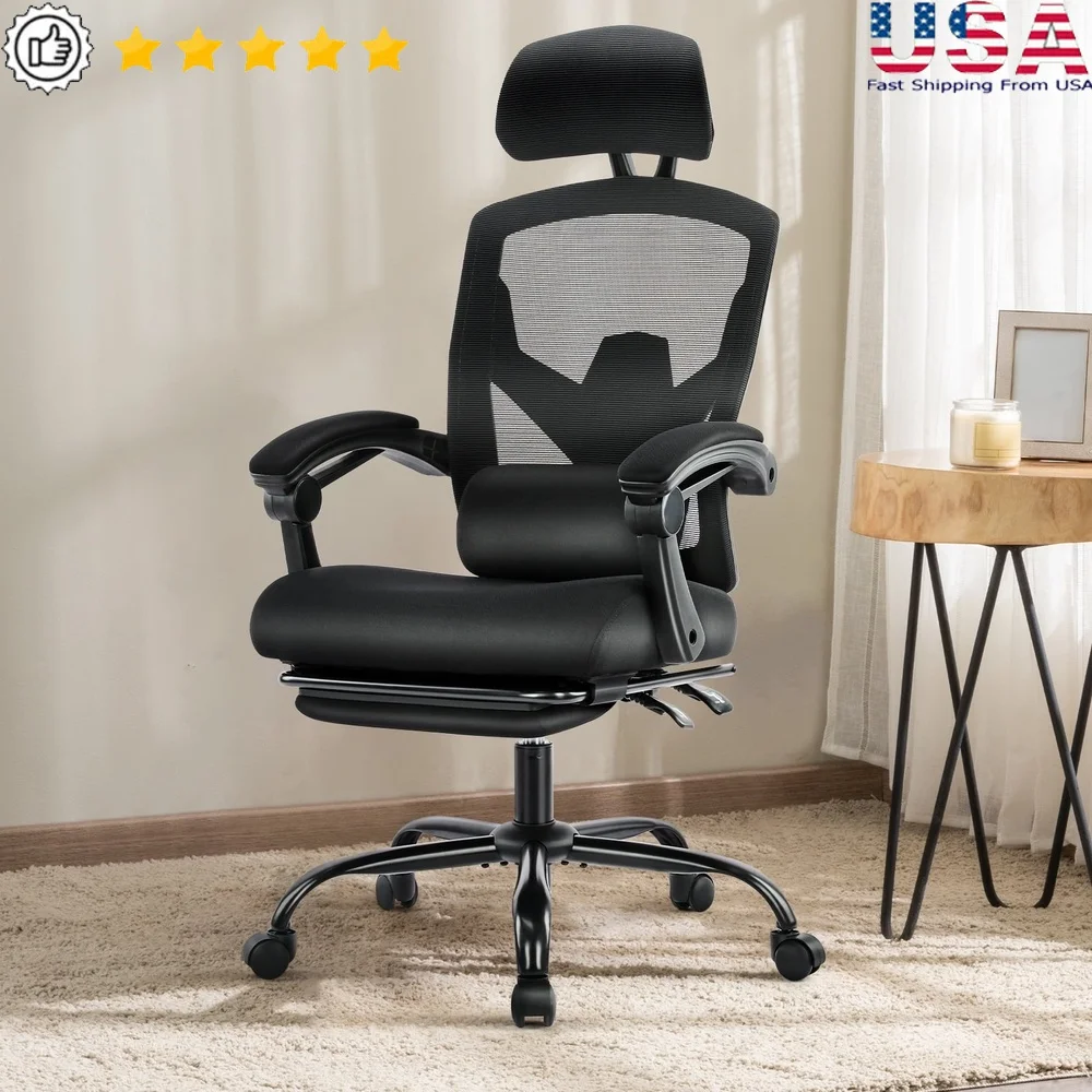 Ergonomic Office Chair High Back Mesh Reclining Lumbar Support Adjustable Headrest Footrest Padded Arms Smooth Rolling Casters