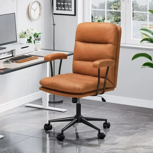 Brown Leather Office Chair,Mid Century Home Desk Chair with Padded Mid-Back Support Removable Armrests Height Adjustable