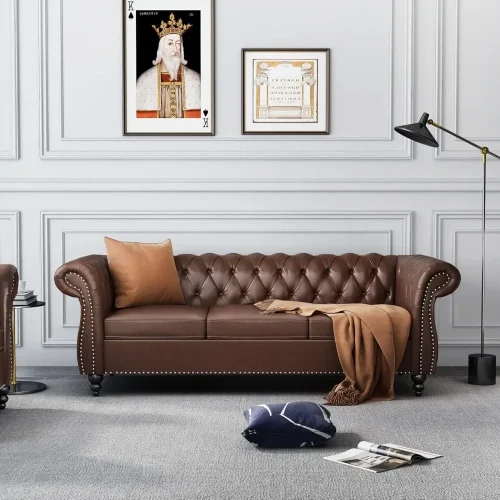 Modern PU Tufted Couch 3 Seater with Rolled Arms and Nailhead for Living Room, Bedroom, Office, Apartment