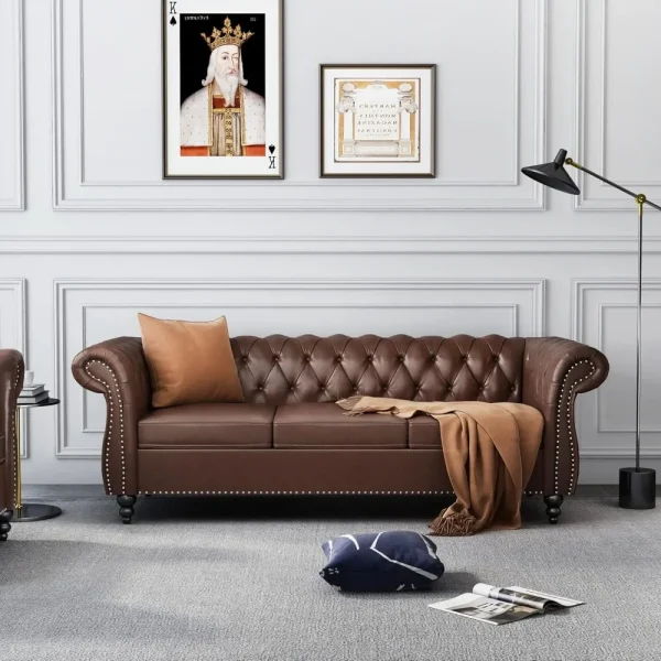 Modern PU Tufted Couch 3 Seater with Rolled Arms and Nailhead for Living Room, Bedroom, Office, Apartment
