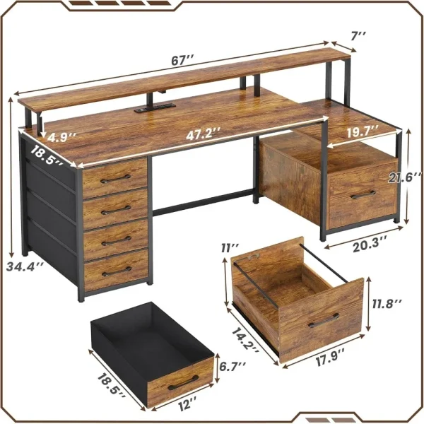 Home Office Desk with File Drawer & Power Outlet, 66'' Computer Desk with 5 Drawer, Storage Shelves, Printer Cabinet