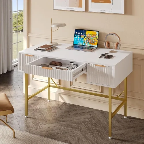 47.6 Inch Fluted Computer Writing Desk with Drawers for Home Office, White and Gold Vanity Desk, Modern Simple Makeup Desk for