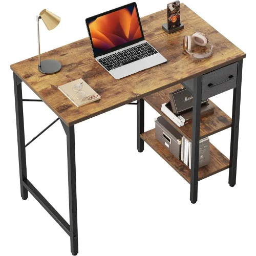 Computer Desk, 35 Inch Small Home Office Desk with Drawer Storage Shelves for Small Space, Writing Study Desk, Rustic Brown