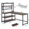 55" L-Shape Computer Desk with Hutch and Wireless Charging, Office Desk Study Table Writing Desk Workstation with 5 Shelves
