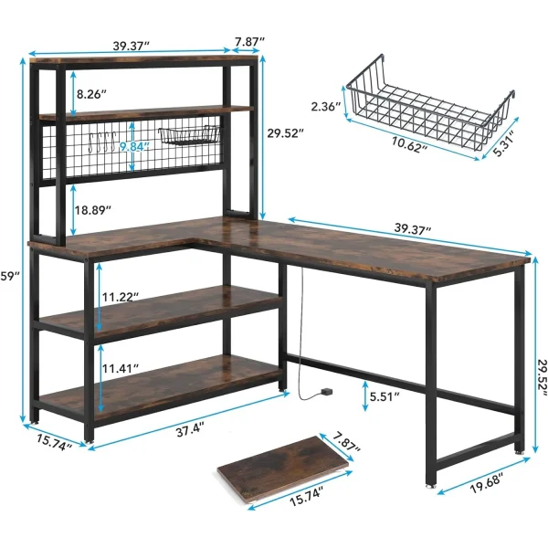 55" L-Shape Computer Desk with Hutch and Wireless Charging, Office Desk Study Table Writing Desk Workstation with 5 Shelves
