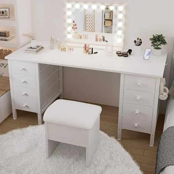 White Computer Desk With Drawers On Both Sides For Home Office, 55 H Girls Teens Desks With Storage Writing Study Table For