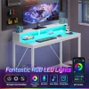 Computer Desk 47 inch with LED Lights & Power Outlets, Home Office Desk with Monitor Shelf, Gaming Desk, Writing Desk, White