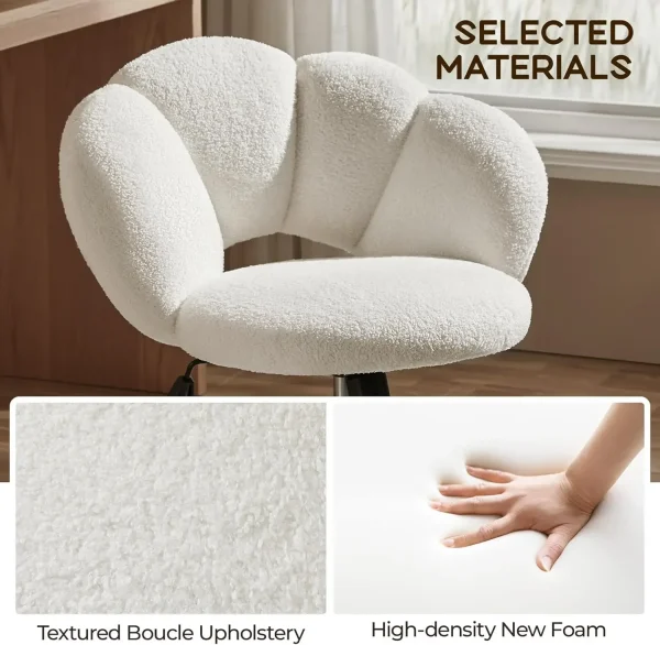 Boucle Upholstered Desk Chair Cloud-Shaped Vanity Adjustable Home Office Chair Computer with Rolling Wheels