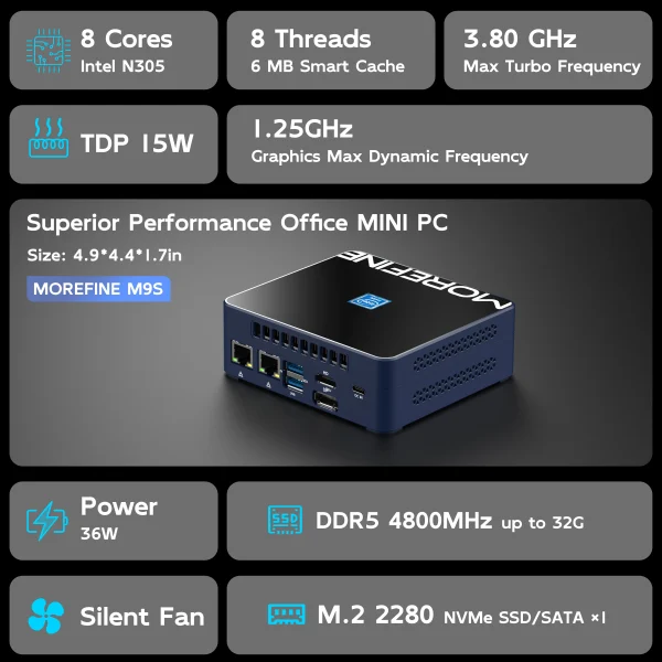 MOREFINE Mini PC Compatible with Windows11Pro 12th Gen AlderLake N305(Up to 3.8GHz) Office PC Mini Desktop Computers WiFi6 BT5.2