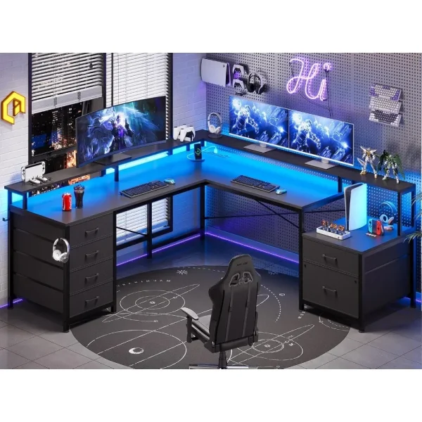 L Shaped Desk with 6 Drawer, 108" Home Office Desk with File Drawer & Power Outlet, Corner Computer Desk with Monitor Shelf