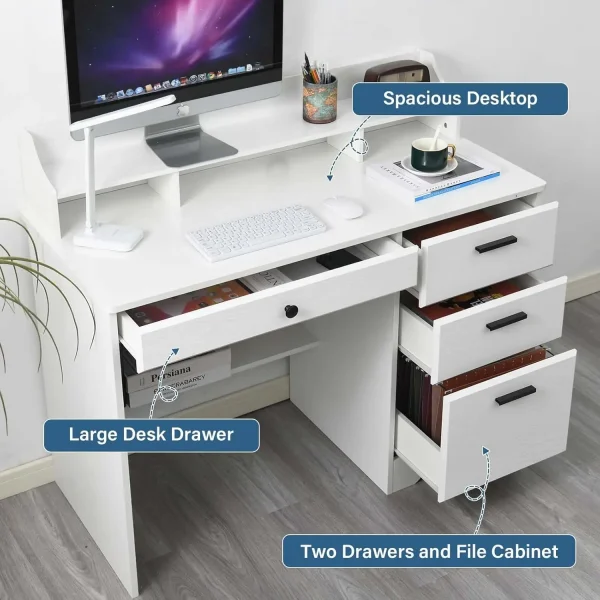 White Desk with 4 Drawers, Computer Desk , Wood Writing Home Office Workstation, Student Desks for Bedooms with Drawers,White