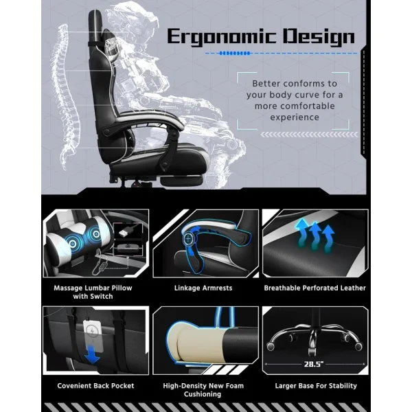 Office Chair, Chair w/ Massage Lumbar Support & Footrest Height Adjustable Ergonomic w/ Swivel Seat & Headrest, Office Chair