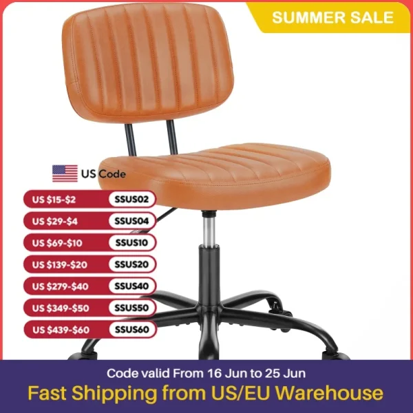 JHK Armless Office Desk Chair Back Lumbar Support Height Adjustable PU Leather Computer Chair with 360° Swivel Rolling Wheels