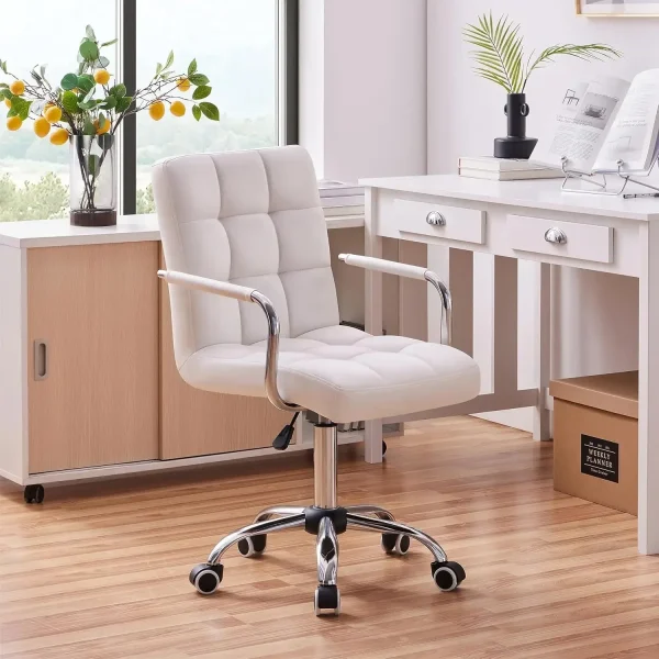 White Desk Chairs with Wheels/Armrests Modern PU Leather Office Chair Midback Adjustable Home Computer Executive Chair