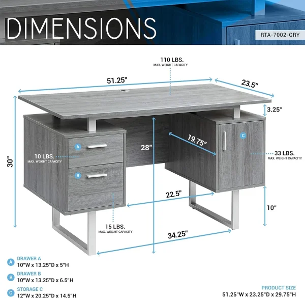 Modern Office Desk With Storage, Gray