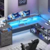 67" L Shaped Desk with Drawers, Computer Office Desk with Storage Shelves & Power Outlet, Reversible Gaming Desk with LED Lights