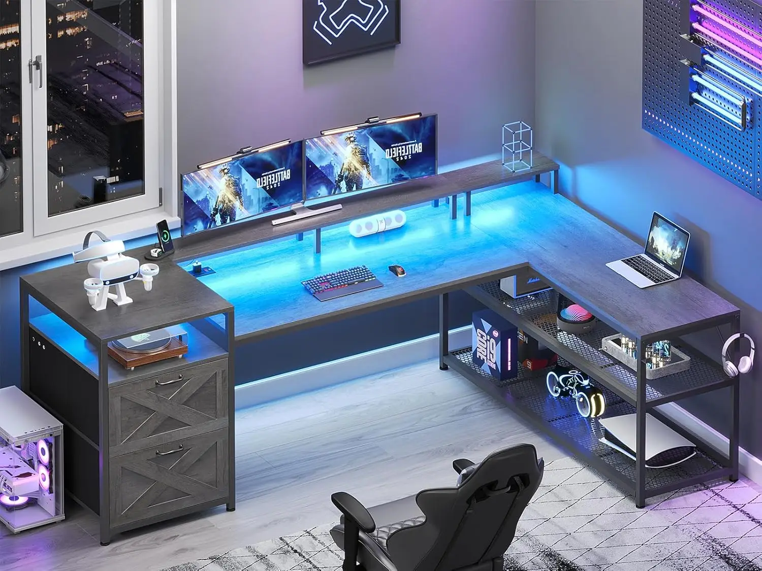 67" L Shaped Desk with Drawers, Computer Office Desk with Storage Shelves & Power Outlet, Reversible Gaming Desk with LED Lights