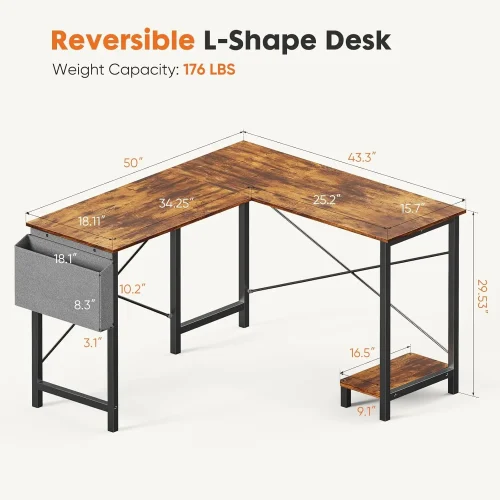 L Shaped Desk - Computer Corner Gaming Pc Table With Cpu Stand Side Bag For Home Office Dorm Sturdy Writing Workstation