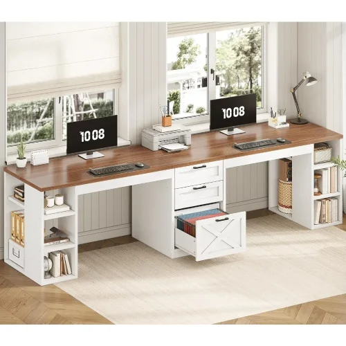 96.5" Farmhouse Computer Desk with Drawers, 2 Person Home Office Desk, Gaming Double Desk with Storage Shelves