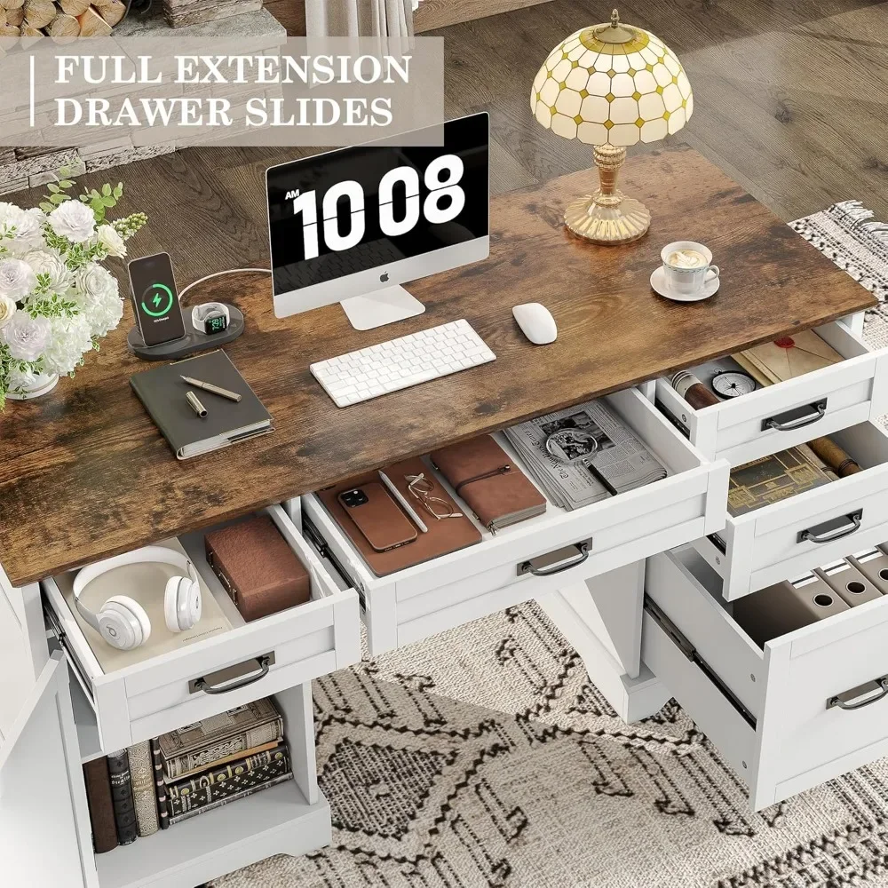 55'' Farmhouse Executive Desk, Home Office Desk with Drawers, Wood Computert Desk with File Cabinet and Power Outlets - Image 5