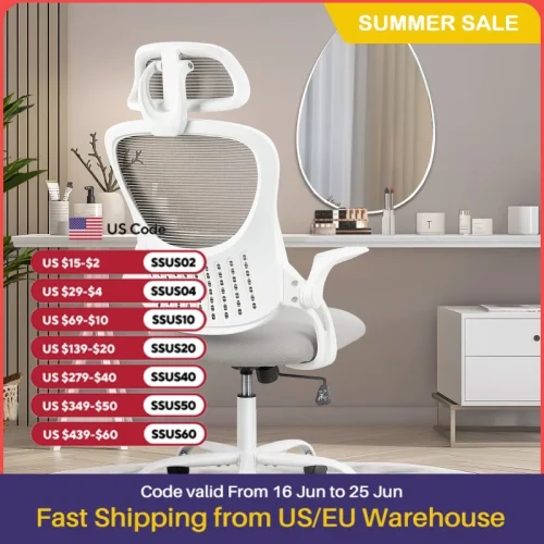 JHK Mesh Ergonomic Office Computer Desk Chair Flip-up Arms Adjustable Headrests Comfortable Lumbar Support For Home Office