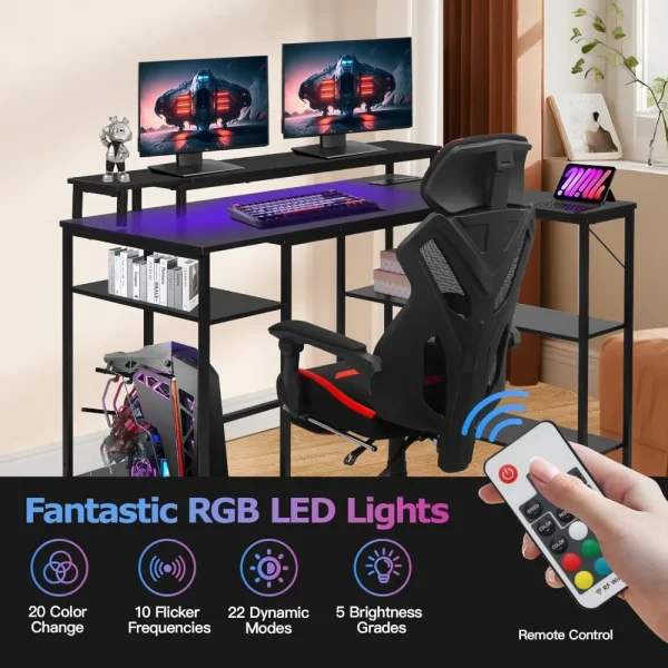 L Shaped Gaming Desk with LED Lights & Power Outlets, Reversible Computer with Stand & Shelves,Corner Desk Home Office