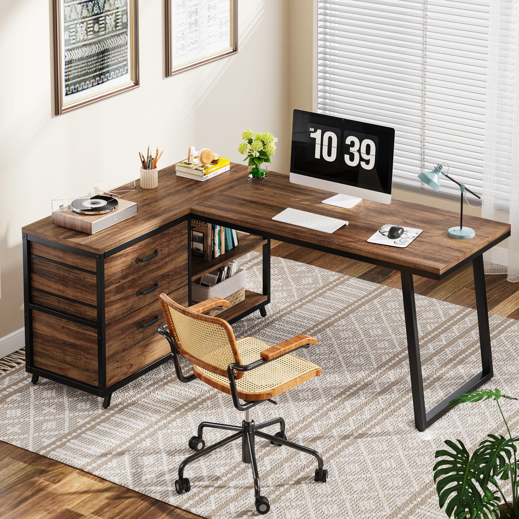 Tribesigns L-Shaped Computer Desk with 3 Drawers, Reversible Corner Home Office Desk with Shelves, 53-Inch Industrial PC Desk St - Image 4