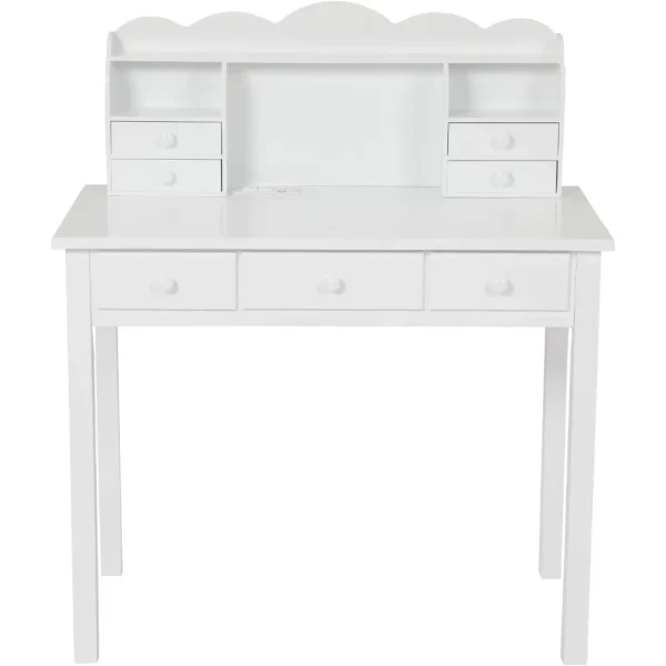 Writing Desk, Home Office Desk with Drawers and Hutch, Computer Work Station with Storage Shelf, 7 Drawers, White