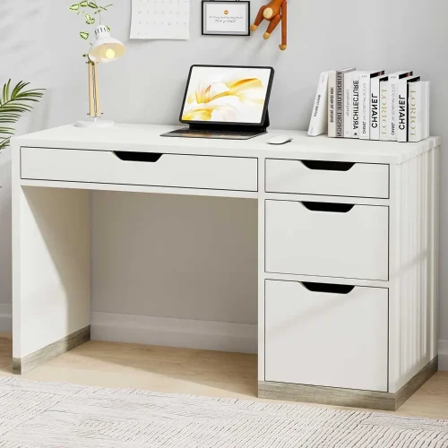 White Computer Desk with Storage Drawers, Home Office Desks for Small Space with Storage File Cabinet, Study Kids Desk with 4 Dr