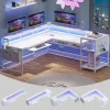 L Shaped Gaming Desk, Reversible Home Office Desk or Corner Desk, Gaming Desk with Power Outlets &LED Strip, Monitor Shelf,White