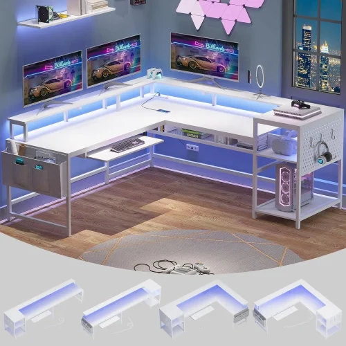 L Shaped Gaming Desk, Reversible Home Office Desk or Corner Desk, Gaming Desk with Power Outlets &LED Strip, Monitor Shelf,White