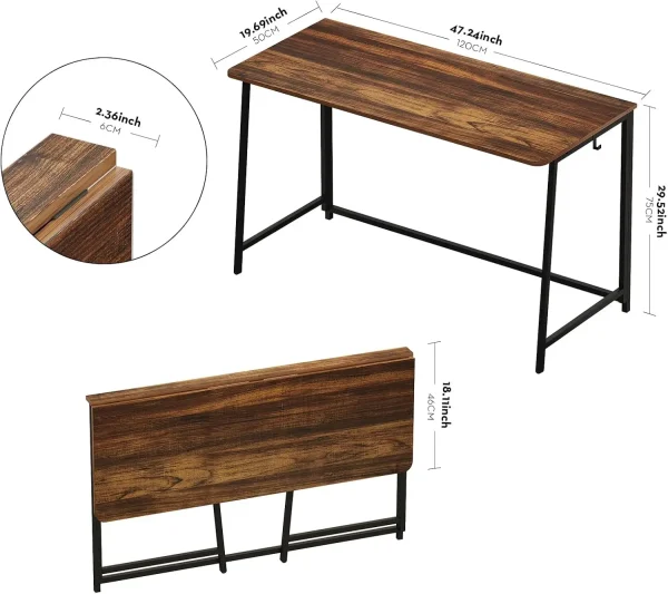 Folding Desk, 47.2"" Foldable Computer Desk For Bedroom, Space Saving Computer Table Writing Workstation For Home Office, Easy