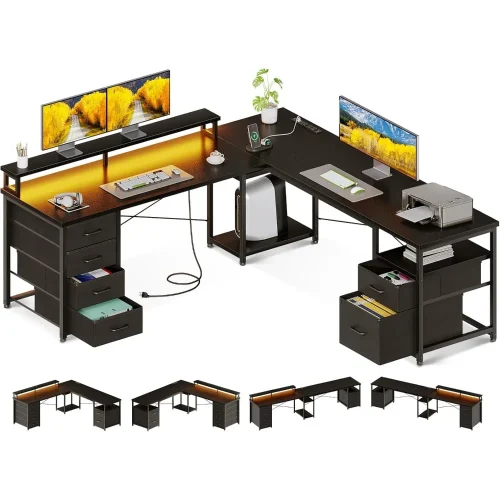 66" L Shaped Computer Desk, 113“ Reversible Home Office Desk with File Cabinet & 4 Fabric Drawers, Two Person Desk with