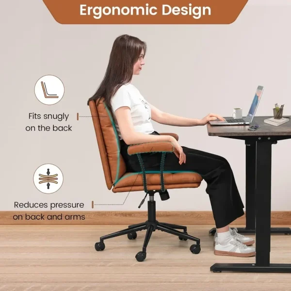 Brown Leather Office Chair,Mid Century Home Desk Chair with Padded Mid-Back Support Removable Armrests Height Adjustable