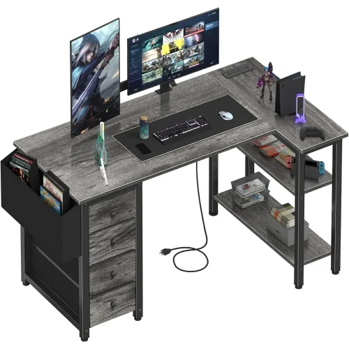 L Shaped Computer Desk with Drawers & Storage Shelves, 47 Inch Small Corner Desk with Power Outlet for Home Office Bedroom