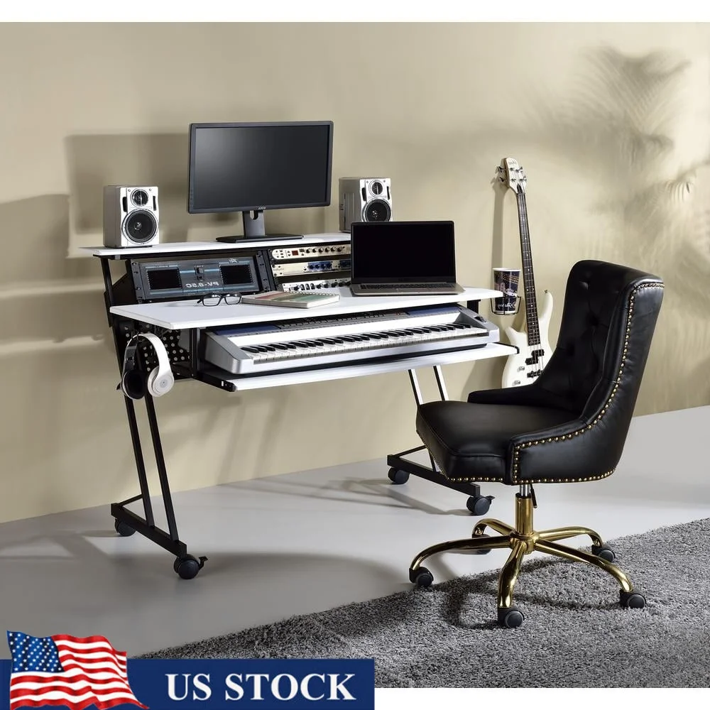 47Inch Home Office Desk Music Recording Studio Furniture Computer Desk with Keyboard Tray Cupholder Headset Hook 3 Shelves