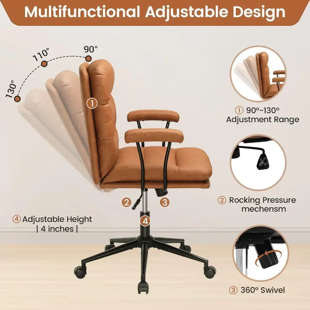 Brown Leather Office Chair,Mid Century Home Desk Chair with Padded Mid-Back Support Removable Armrests Height Adjustable - Image 4