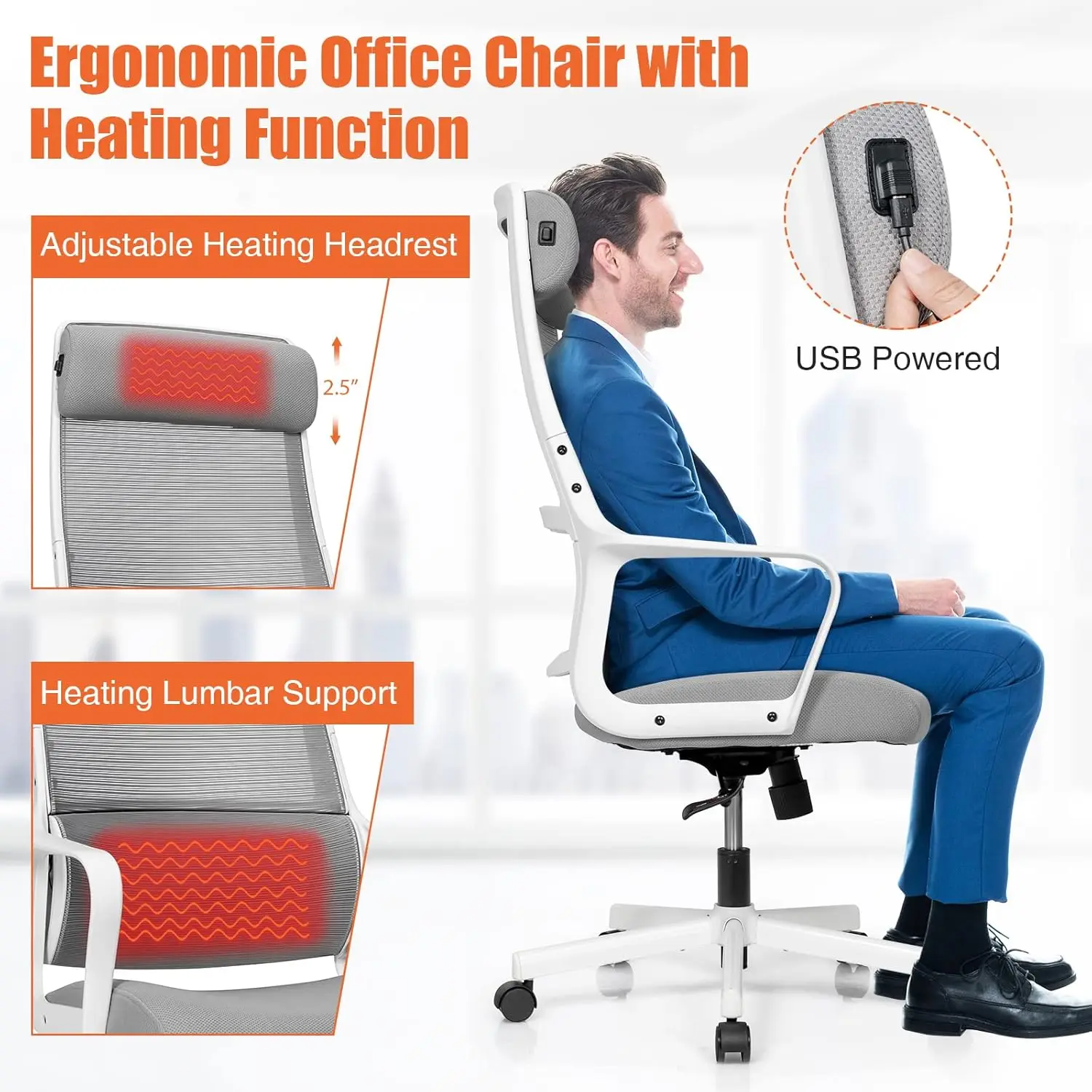Giantex High Back Mesh Office Chair With Heating Headrest And Lumbar Support Armrest, Ergonomic Computer Desk Chair, Executive - Image 5