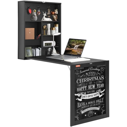 Space Saving Computer Desk with Storage Area Multi-Function Folding Wall Table Wall Mounted Desk with Chalkboard for Home Office