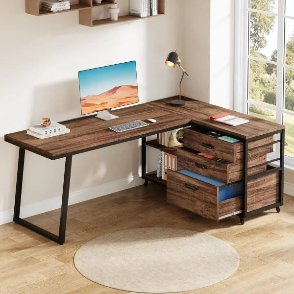 53" L Shaped Office Desk, Reversible Computer Desk with 3 File Drawers and 2 Storage Shelves for Home Office, Study, Gaming Room