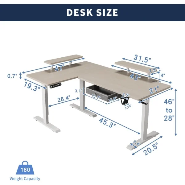 kf-S75f3fbb6a8924f3cb6a76798415d97c3T Electric L Shape Standing Desk with Drawer, 63x47 Inches Height Adjustable Sit Stand Up Desk with Storage Shelf, Home Office