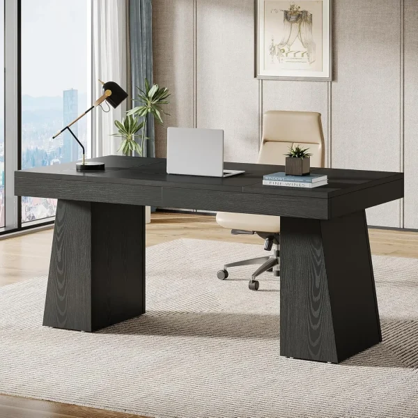 55 Inches Executive Desk, Mid-Century Modern Home Office Desk with Double Trapezoid Base, Wood Computer Desk Conference Table