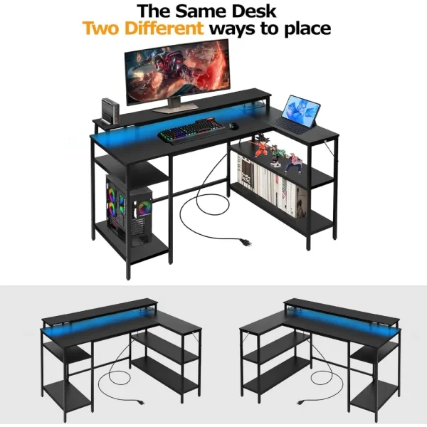 L Shaped Gaming Desk with LED Lights & Power Outlets, Reversible Computer with Stand & Shelves,Corner Desk Home Office