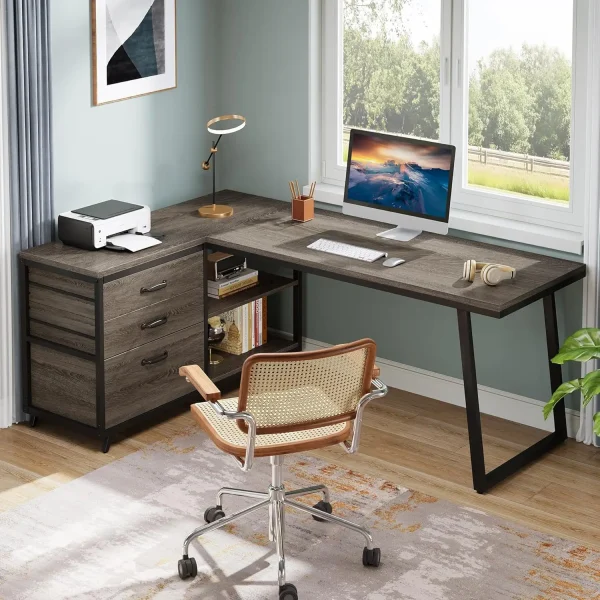 53" L Shaped Office Desk, Reversible Computer Desk with 3 File Drawers and 2 Storage Shelves for Home Office, Study, Gaming Room